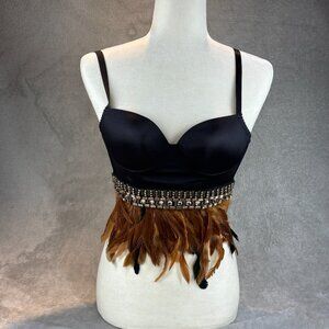 Bebe Feathers Crop Trim Bustier XS Black Brown Rhinestone Embellished Bralette